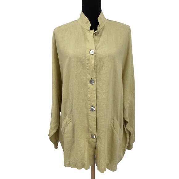 Bryn Walker 100% Linen‎ Green Lagenlook Button Front Tunic Blouse Large - Picture 1 of 5